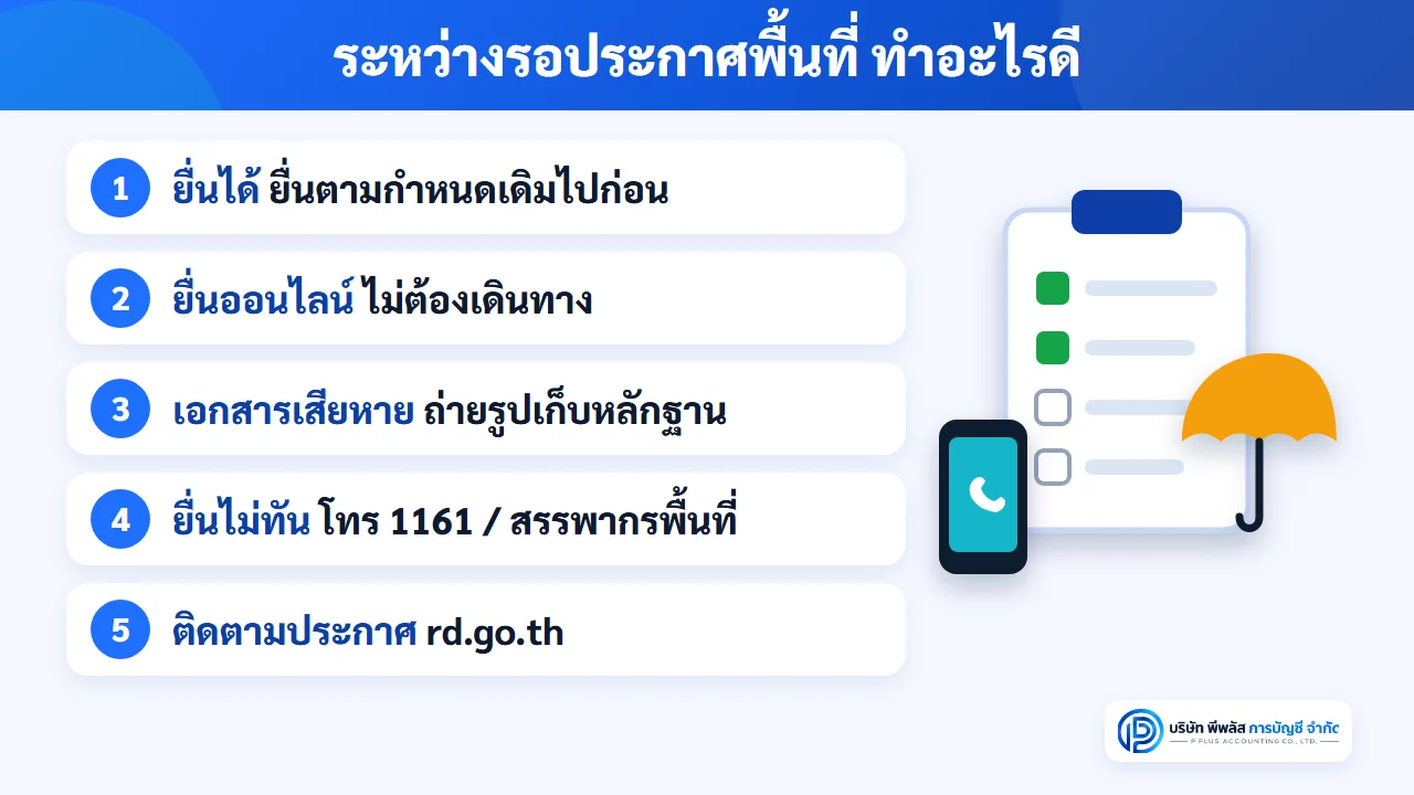 เช็กลิสต์สำหรับเจ้าของกิจการระหว่างรอประกาศพื้นที่น้ำท่วม 2569 ยื่นตามกำหนดเดิมถ้ายื่นได้ ยื่นออนไลน์ เก็บหลักฐานเอกสารเสียหาย โทร 1161 และติดตามประกาศกรมสรรพากร