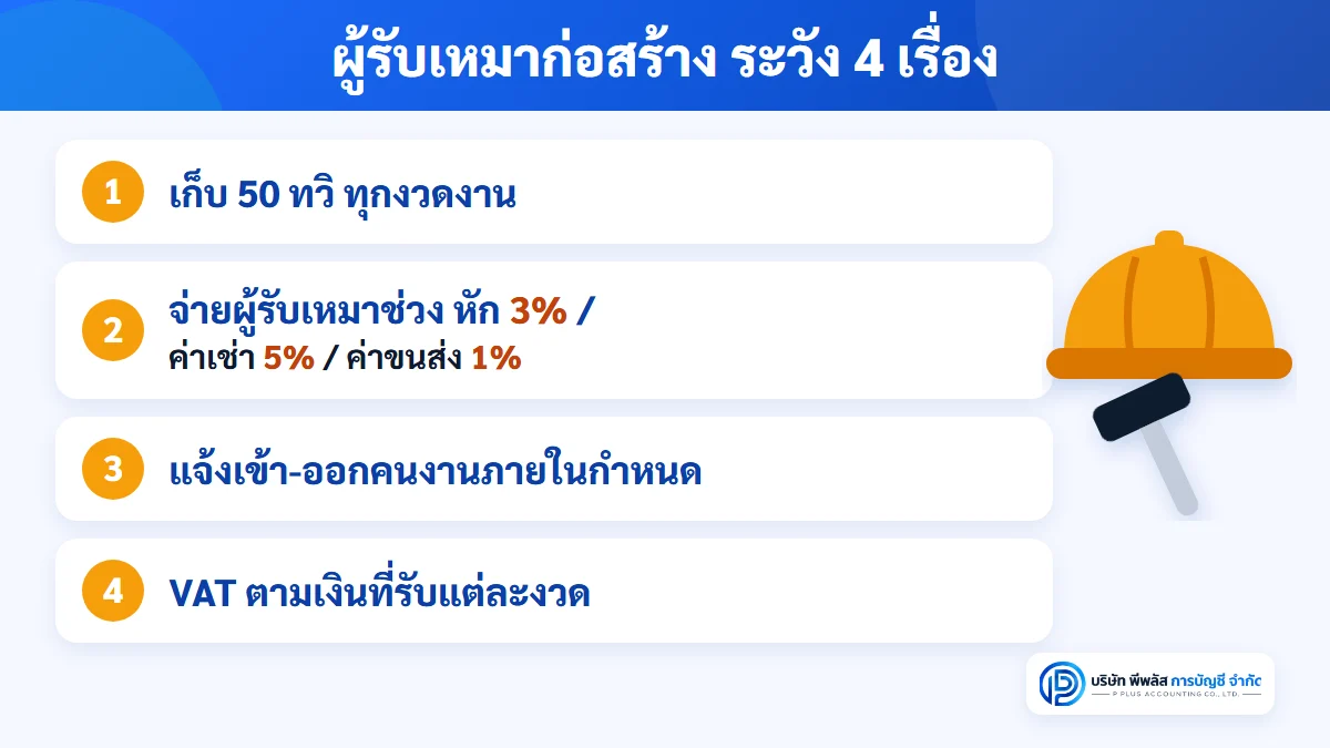 งานบัญชีของผู้รับเหมาก่อสร้าง 4 เรื่อง เก็บ 50 ทวิ ที่ผู้ว่าจ้างหักไว้ทุกงวด หักภาษีเมื่อจ่ายผู้รับเหมาช่วง ค่าเช่าเครื่องจักร และค่าขนส่ง แจ้งเข้า-ออกคนงานประกันสังคม และ VAT ตามเงินที่รับแต่ละงวด